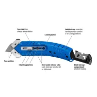 Modrý kovový bezpečnostní samozatahovací oboustranný nůž S8