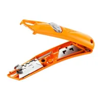 Oranžový kovový bezpečnostní samozatahovací nůž 3-tlačítkový