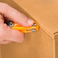 Oranžový kovový bezpečnostní samozatahovací nůž 3-tlačítkový