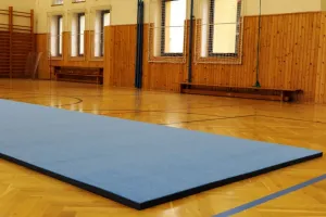 Modrý gymnastický koberec bez lamel FLOMA NoSlits - délka 600 cm, šířka 200 cm, výška 1,5 cm