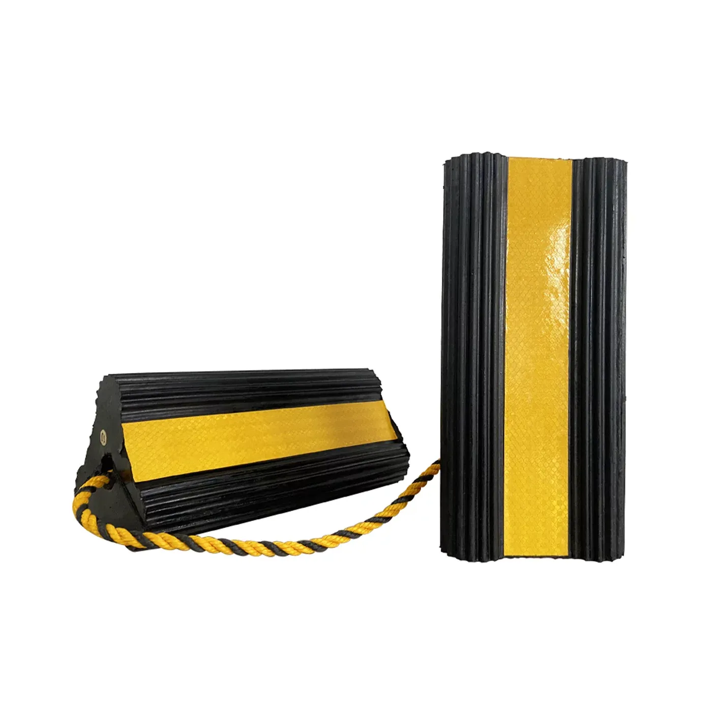 Černo-žlutý gumový zakládací klín pod kola FLOMA AWCF46 - délka 20 cm, šířka 11,5 cm, výška 10,5 cm