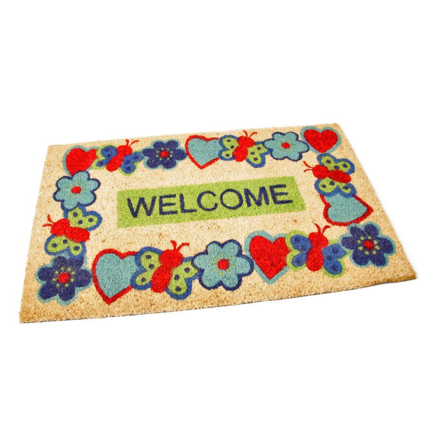 Kokosová venkovní čisticí vstupní rohož FLOMA Welcome - Cheerful - délka 45 cm, šířka 75 cm, výška 1,7 cm