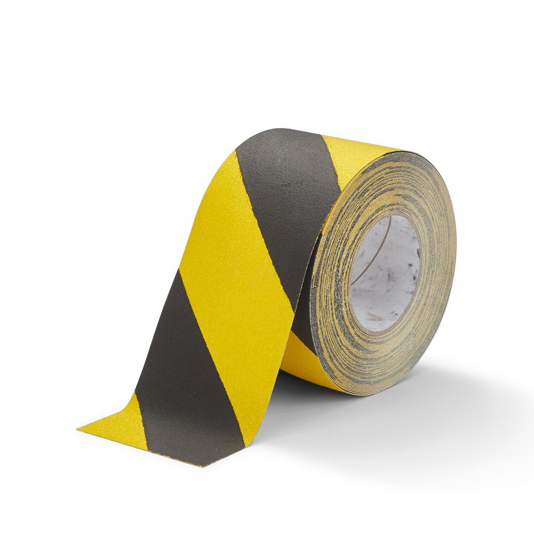 Černo-žlutá korundová snímatelná protiskluzová podlahová páska FLOMA Hazard Standard Removable - délka 18,3 m, šířka 10 cm, tloušťka 0,7 mm