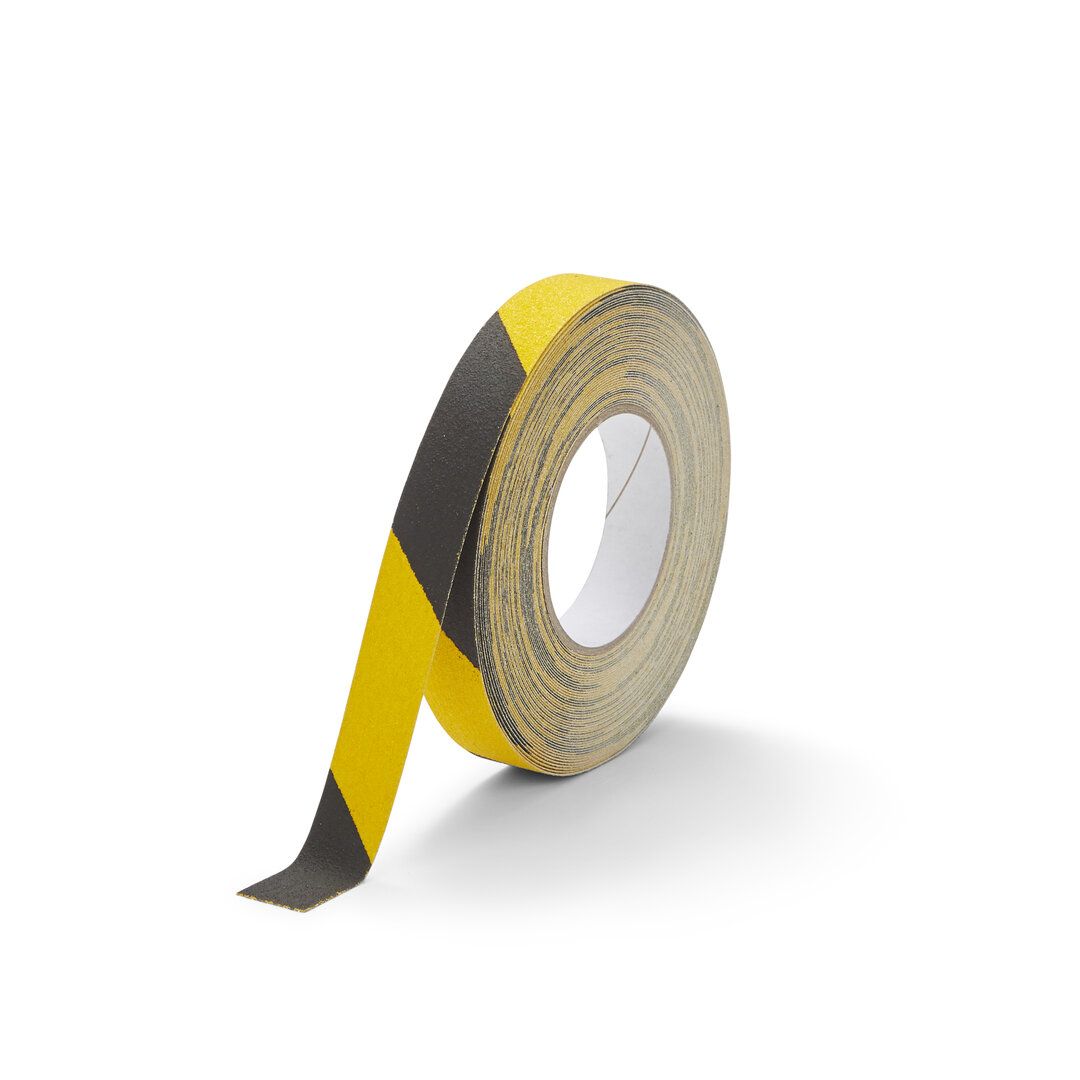 Černo-žlutá korundová snímatelná protiskluzová podlahová páska FLOMA Hazard Standard Removable - délka 18,3 m, šířka 2,5 cm, tloušťka 0,7 mm