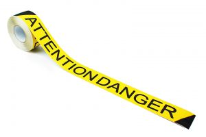 Černo-žlutá korundová protiskluzová páska s potiskem FLOMA Attention Danger - 18,3 m x 7,5 cm a tloušťka 0,7 mm
