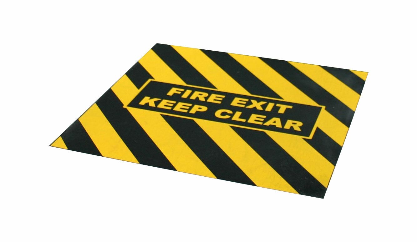 Černo-žlutá korundová protiskluzová podlahová páska s potiskem FLOMA Fire Exit Marker - délka 150 cm, šířka 100 cm