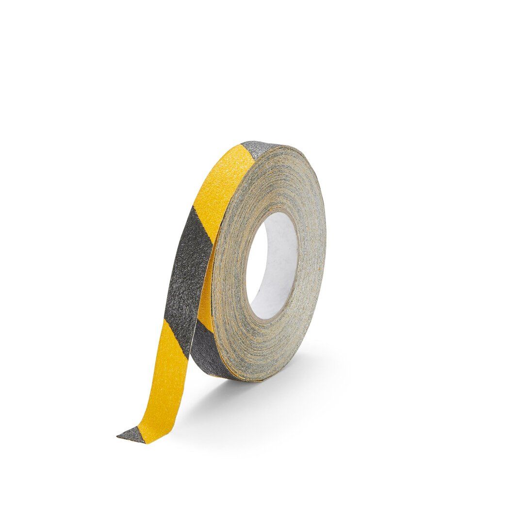 Černo-žlutá korundová protiskluzová páska pro nerovné povrchy FLOMA Conformable Hazard - délka 18,3 m, šířka 2,5 cm, tloušťka 1,1 mm