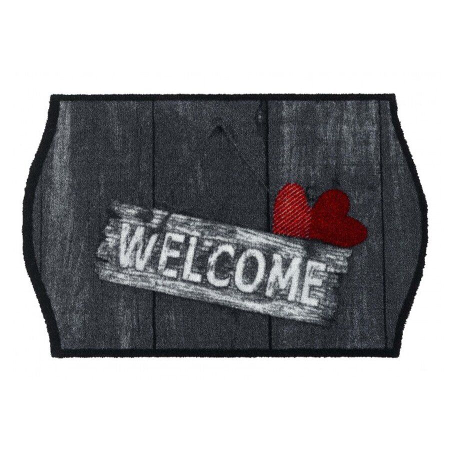 Černo-šedá pratelná vstupní rohož FLOMA Welcome Hearts - délka 50 cm, šířka 75 cm, výška 0,8 cm